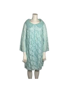 Vintage 1960s Aqua Blue Lace Peignoir Set Robe & Slip Nylon Nightgown LARGE
